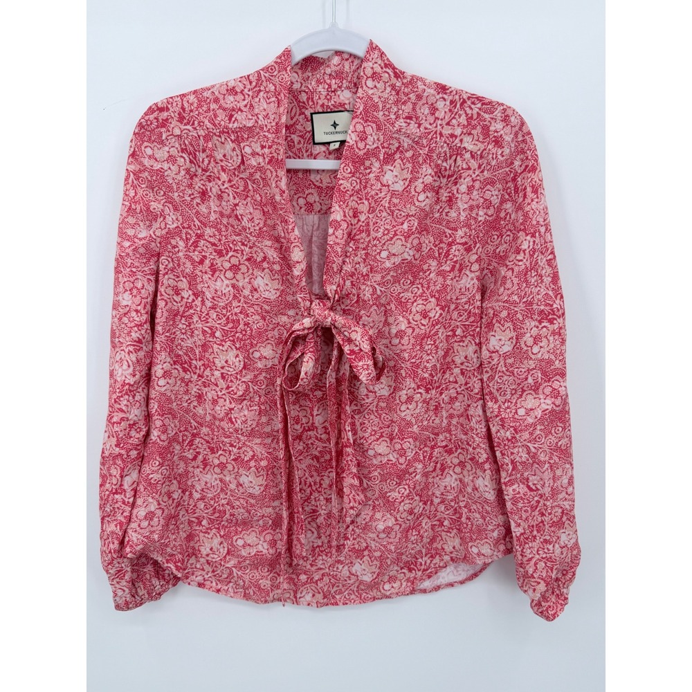 Tuckernuck Blouse Women Small Red Pink Floral Tie Neck Long Sleeve Boho Preppy